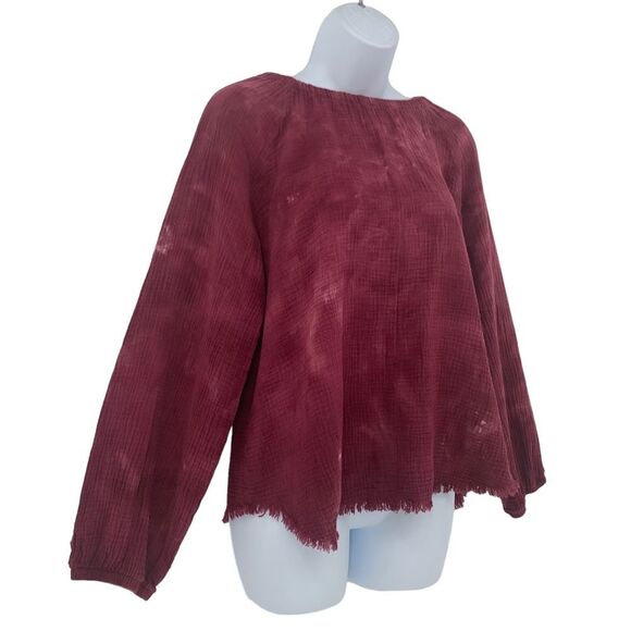 Cloth & Stone Maroon Tie Dye Muslin Top with Raw Fringe Hem Sz. M - Picture 2 of 11